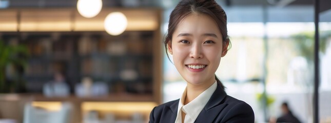Fototapeta premium A young and beautiful Korean woman in her early to mid 20s, smiling at the camera. She is wearing professional attire and has tied hair, standing inside an office. generative AI