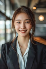 Naklejka premium A young and beautiful Korean woman in her early to mid 20s, smiling at the camera. She is wearing professional attire and has tied hair, standing inside an office. generative AI