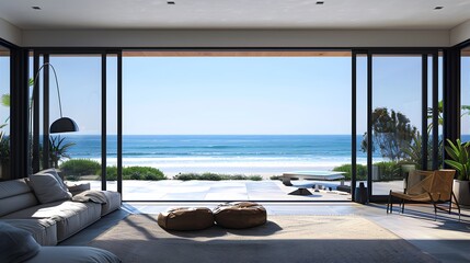 A large, sliding glass door with black frames on the left side of an open living room leading to beach in front of ocean, with blue sky and sand.

