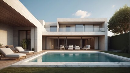Fototapeta premium Architecture modern marble house with terrace and swimming pool, 3D building design illustration