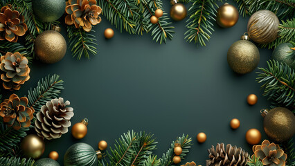 Christmas tree branches background. Xmas tree branch wallpaper with copy space, winter holidays decorations with fir cones. Christmas tree branches background illustration