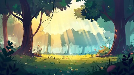 whimsical 2d cartoon illustration of a lush forest clearing bathed in warm sunlight