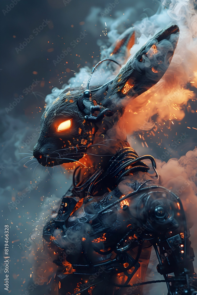 Wall mural Hyper-Detailed Cyborg Rabbit Warrior in Dramatic Battle-Ready Stance with Crackling Energy Field and Swirling Smoke