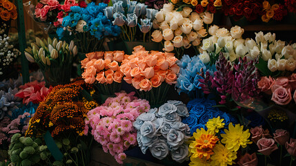 Many different colors on the stand or wooden table in the flower shop. Showcase. Background of mix of flowers. Beautiful flowers for catalog or online store.