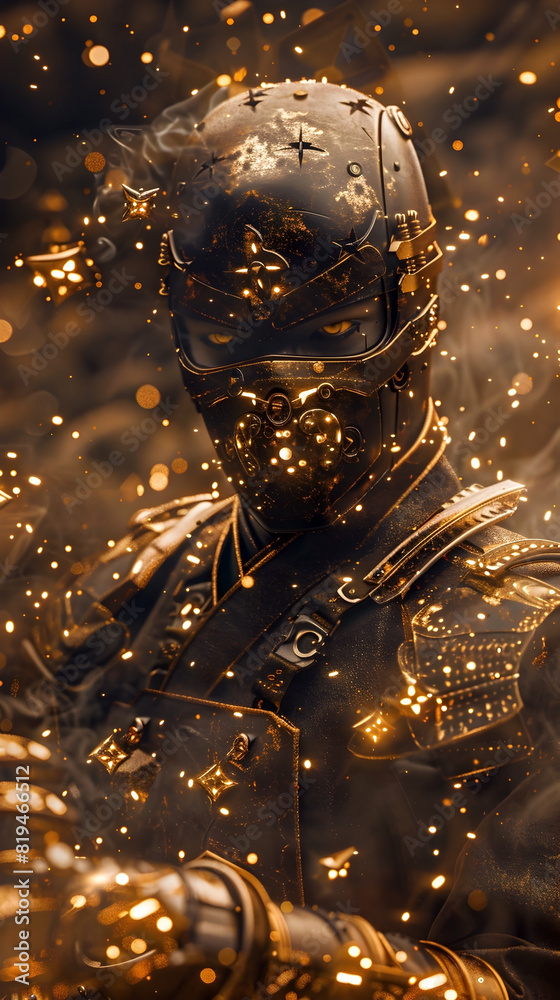 Poster intricate clockwork steampunk ninja in cinematic action pose with mechanical limbs and throwing star