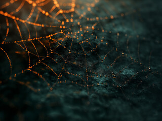 Halloween creepy spider web. Creepy spider web with drops of dew, spooky cobweb wallpaper illustration. Moody spiderweb scary background