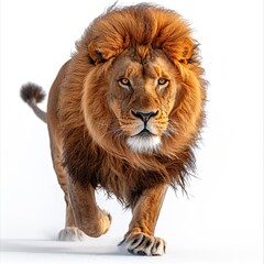 side view male lion, full body running side view photo portrait on white background 8k, shot by canon 5d