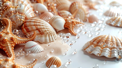 Ocean marine seashells background. Mollusk shells backdrop with precious gems, decorative seashells beautiful background illustration. Underwater seashells background