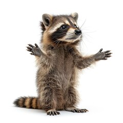 side-view portrait of a cute Racoon reaching up with arms outstretched, solid white background