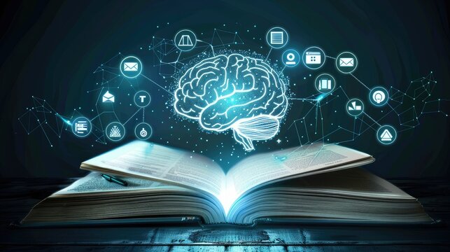 Glowing virtual brain floats above an open book with leaning icons on dark background
