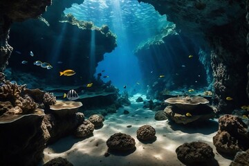 Stunning scene of an underwater cave with beautiful light and copy space.