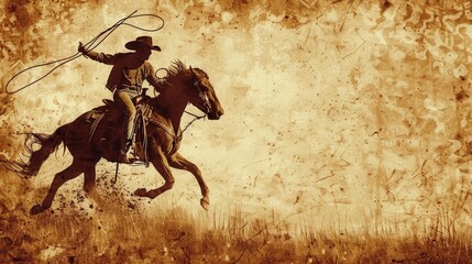 Vintage retro cowboy riding a horse and throwing a lasso in the wild west, with sepia tones, on a vintage paper background with a textured and grainy effect. Stock photo with 2/3 space for text.