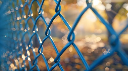 Fototapeta premium Close up of a blue chain link fence with a blurred background of a school yard where kids can be seen playing in the distance. 