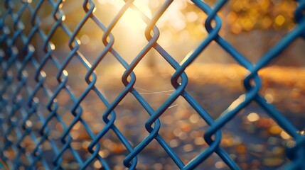 Fototapeta premium Close up of a blue chain link fence with a blurred background of a school yard where kids can be seen playing in the distance. 