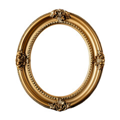 Obraz premium Golden oval picture frame with decorative elements on transparent background, png.
