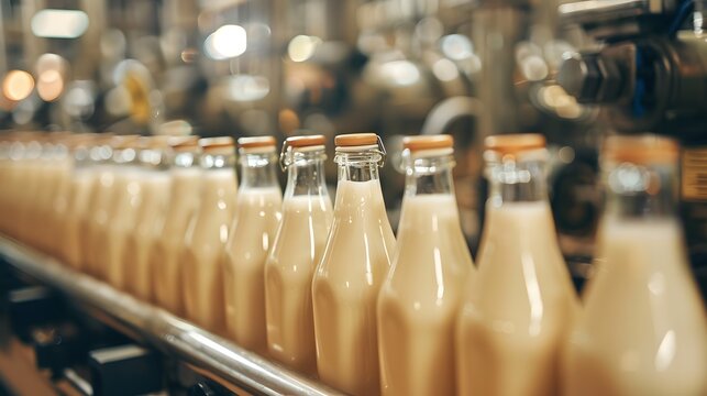 Close up of glass milk bottles on the production line, in a light brown and beige style, with minimal editing of the original text.
