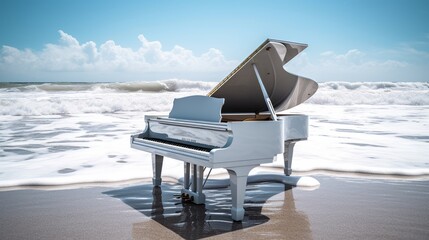 A white piano sits on the beach as the waves crash against it. AIG51A.