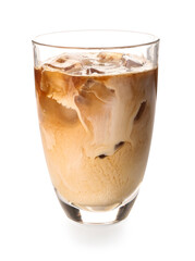 Glass of iced latte on white background