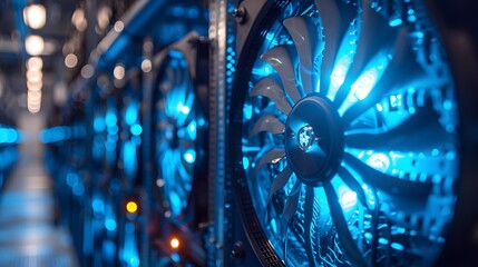 Closeup of fans in an interior data center, symbolizing the cool air flow. precise temperature control and energy efficiency in a high-tech environment.
