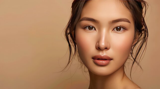 A stunning young Asian woman with pristine skin stands against a beige background. Her flawless complexion emphasizes the benefits of facial care, treatments, and cosmetology