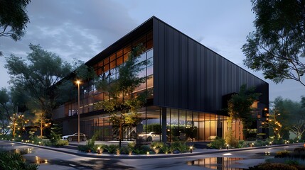 Obraz premium Exterior architectural rendering of an industrial building with one side covered in black timber cladding, the other half is glass and metal. 