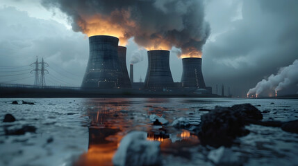 Towering Nuclear Power Plant Spewing Smoke Amid Ominous Storm Clouds,Reflecting in Surrounding Waters