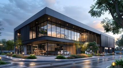 Exterior architectural rendering of an industrial building with one side covered in black timber cladding, the other half is glass and metal.
