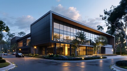 Exterior architectural rendering of an industrial building with one side covered in black timber cladding, the other half is glass and metal.
