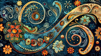 A colorful painting of flowers and swirls with the letter S in the middle