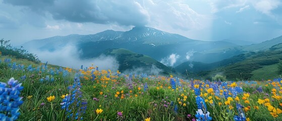 A beautiful field of flowers with a mountain in the background