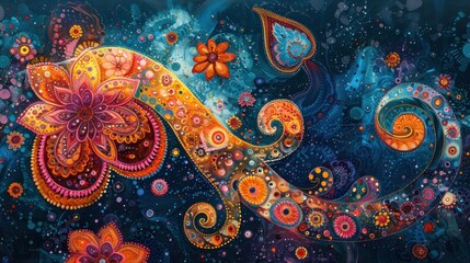 A colorful painting of a flower with a spiral design