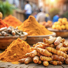 Turmeric curcumin deep yellow orange powder and raw fresh roots (curcuma longa) at local spices bazaar market. AI generated