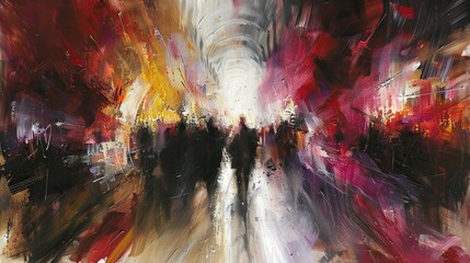 A painting of a group of people walking down a street with a red