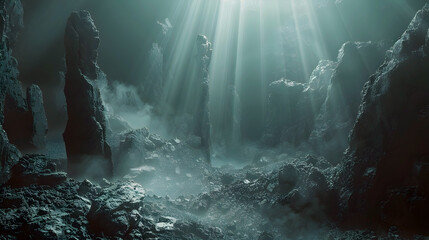 Obraz premium Traversing the Cryptic Realms of the Underworld:A Shrouded Landscape of Ethereal Luminescence and Enigmatic Mystery