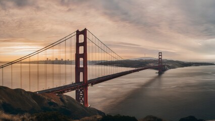 Obraz premium Golden Gate at Dusk: A Bridge Bathed in Sunset's Embrace