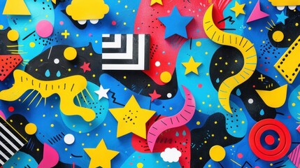 A colorful, abstract painting with many shapes and stars