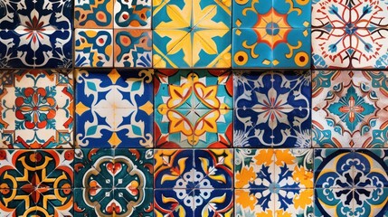 A mosaic of colorful tiles with a variety of shapes and designs