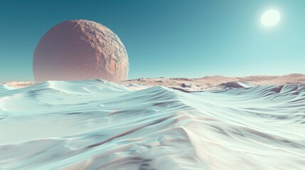 A large planet is floating in space above a vast desert