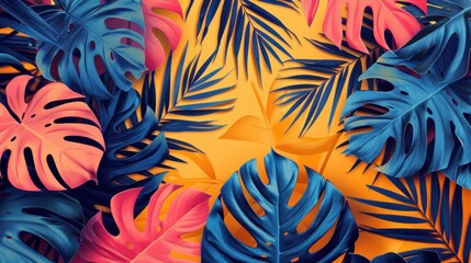 A colorful image of tropical leaves with a yellow background