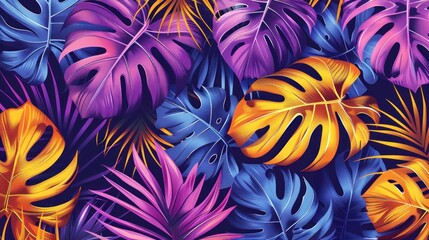 A colorful tropical scene with many different colored leaves
