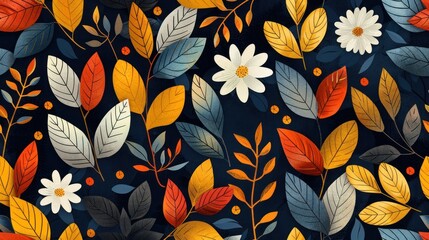 A colorful painting of leaves and flowers with a blue background