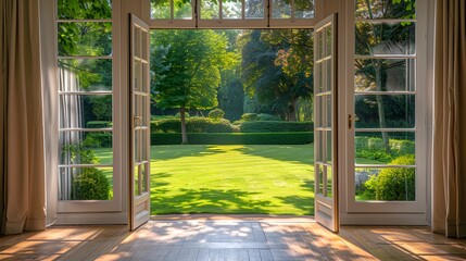 Open the prestigous white patio doors, view of a large garden with a lawn and trees and hedges, bright daylight, interior design.

