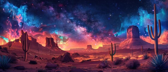 A desert landscape with a sky full of stars and a cactus in the foreground