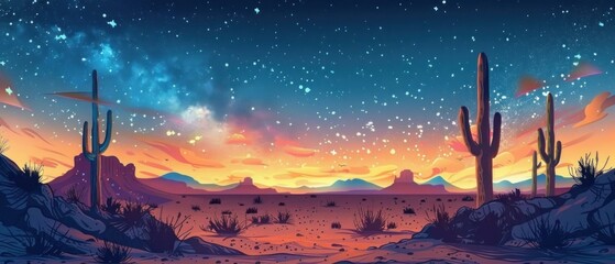 A desert scene with a cactus and a starry sky