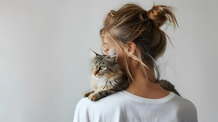 A woman with her hair in an updo, wearing white t-shirt holding cat on back over shoulder against...