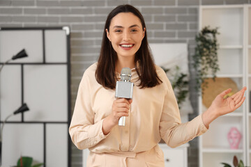 Female reporter with microphone in studio