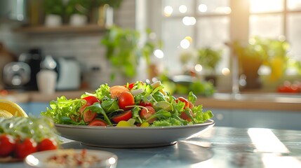 An animated salad on the counter in front view with a blurred background of a modern kitchen interior. creating an atmosphere of freshness and vitality
