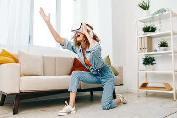 Indoor Bliss: A Young Woman Smiles in Virtual Reality Glasses, Enjoying a Futuristic Virtual...