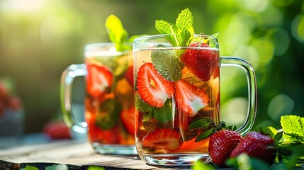 Pimms in glass mugs with strawberries and mint, outdoors on a table on a sunny day, focus on the drink.
