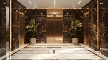 The resort hotel hall elevator entrance had dark brown marble walls with gold highlights and white floor tiles.
